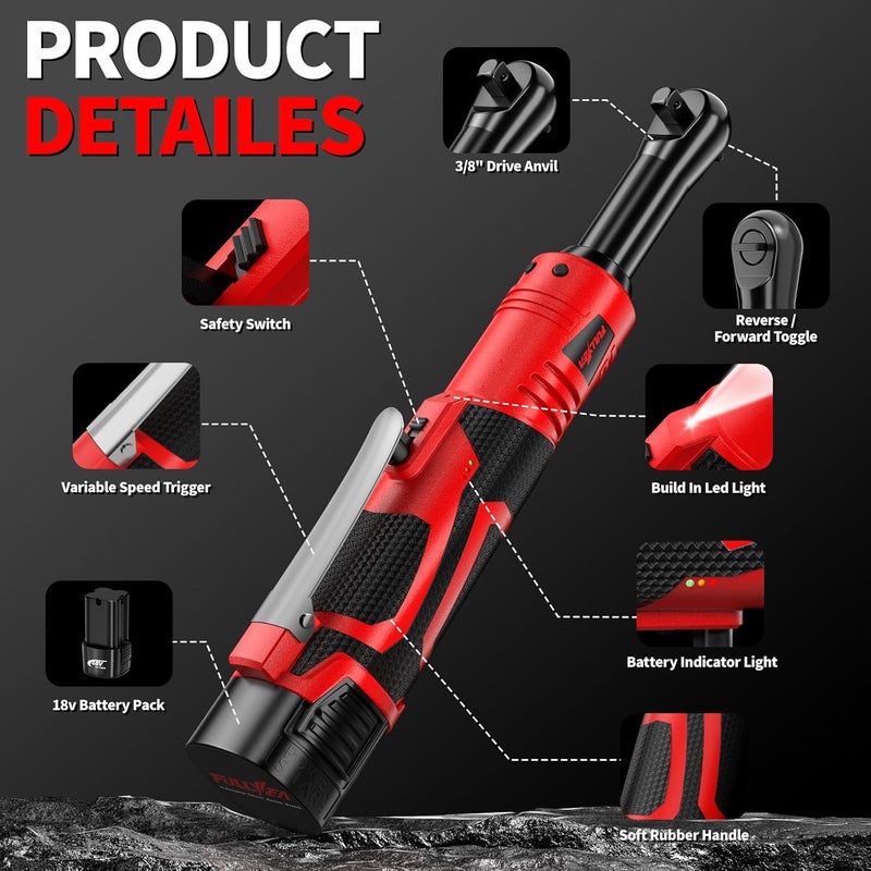 FULLYEA Electric Ratchet Wrench Set, 550 RPM Cordless Ratchet Wrench, 3/8" 18V Power Ratchet Tools with Variable Speed, LED Light, 7 Sockets, 2 Packs 2.0Ah Lithium-Ion Battery and Fast Charger - Image 2